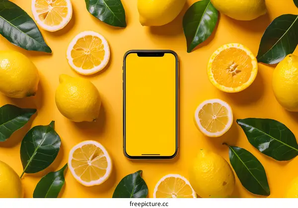 Yellow Background With Lemons and Smartphone Mockup