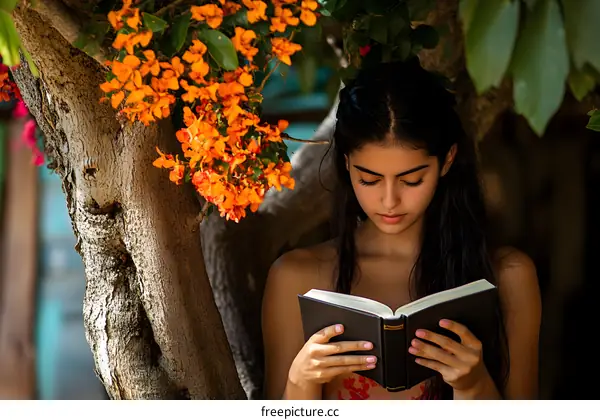 Young Woman Reading a Book Under a Tree
