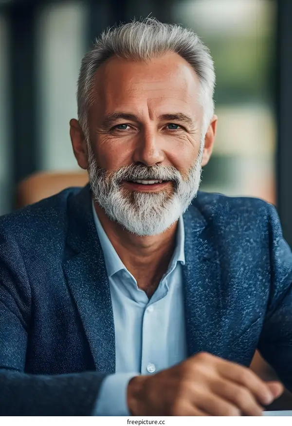 Portrait of a Smiling Caucasian Man with Gray Hair and a Beard