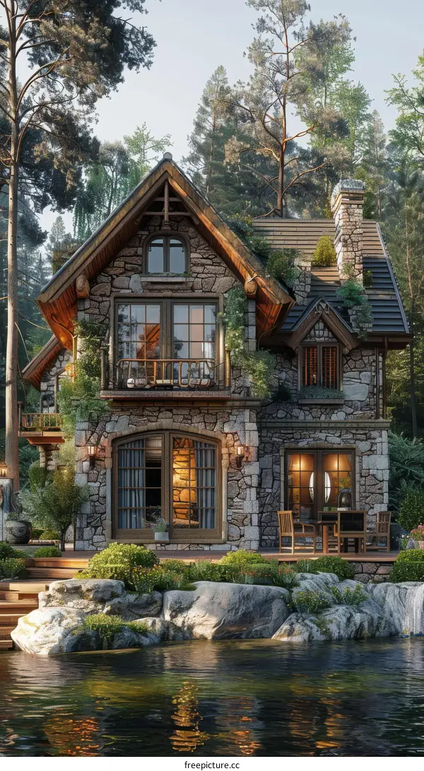 Rustic Log Cabin by the Lake Illustration