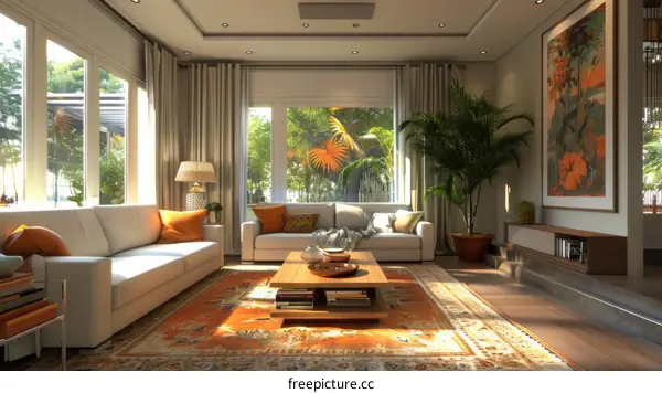 Light and Airy Living Room with Tropical Plants