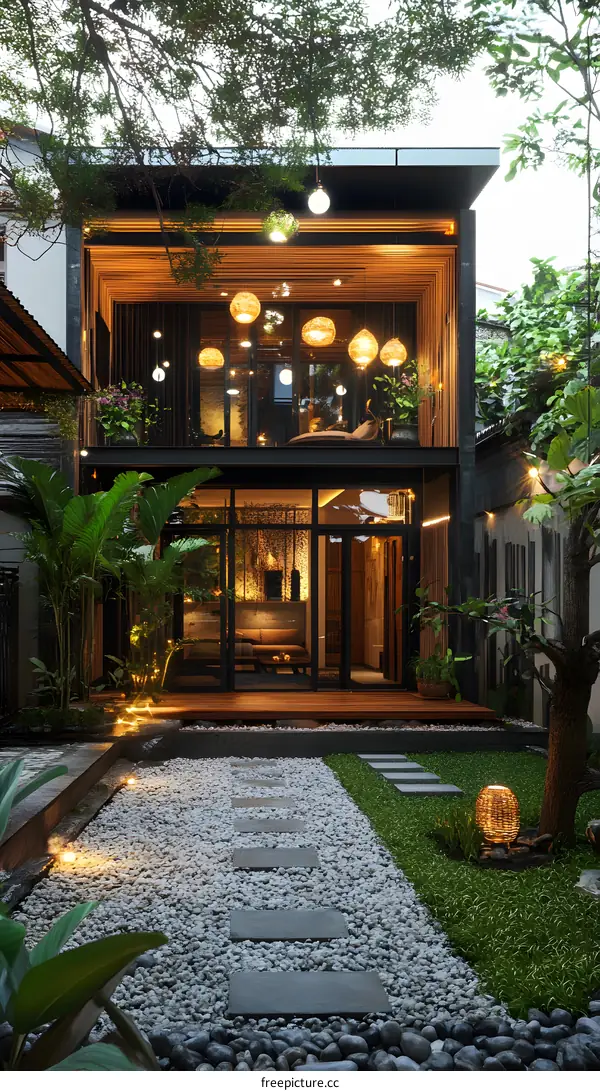 Modern Minimalist House Design with Backyard Patio and Stone Pathway