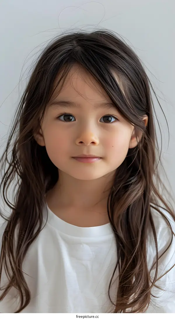 portrait of a young girl with long brown hair in a white shirt