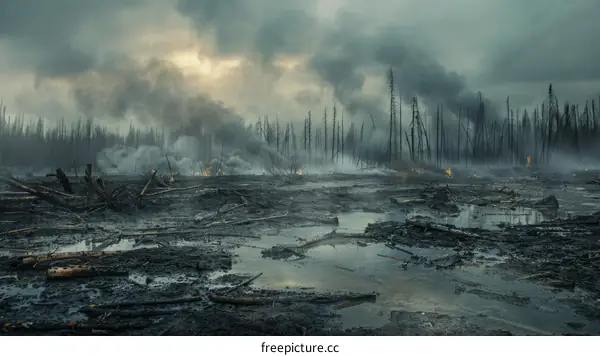 Post-apocalyptic landscape with dead trees and smoke