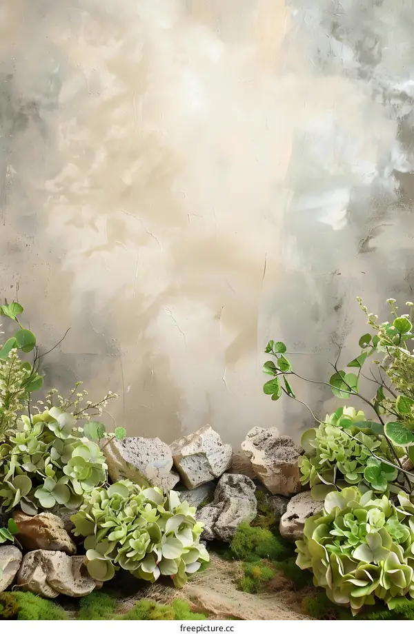 Green Foliage and Stones Against a Neutral Background