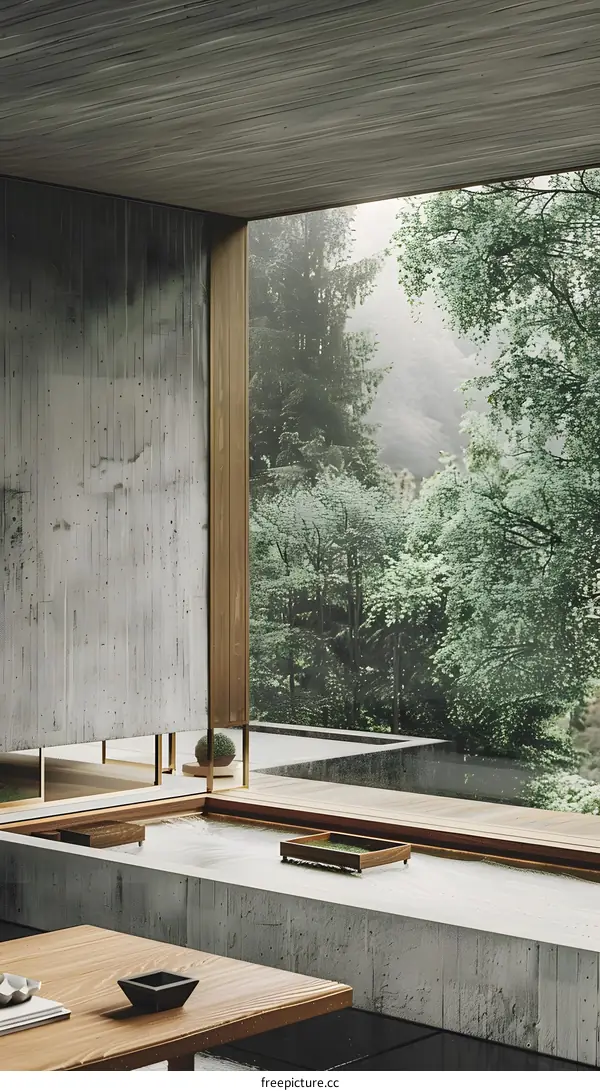 Minimalist Interior Design with Concrete Walls and a View of Trees
