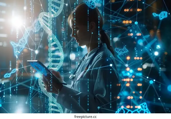 Scientist analyzing DNA structure using digital tablet