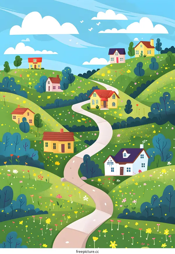 Winding Road Through Colorful Village