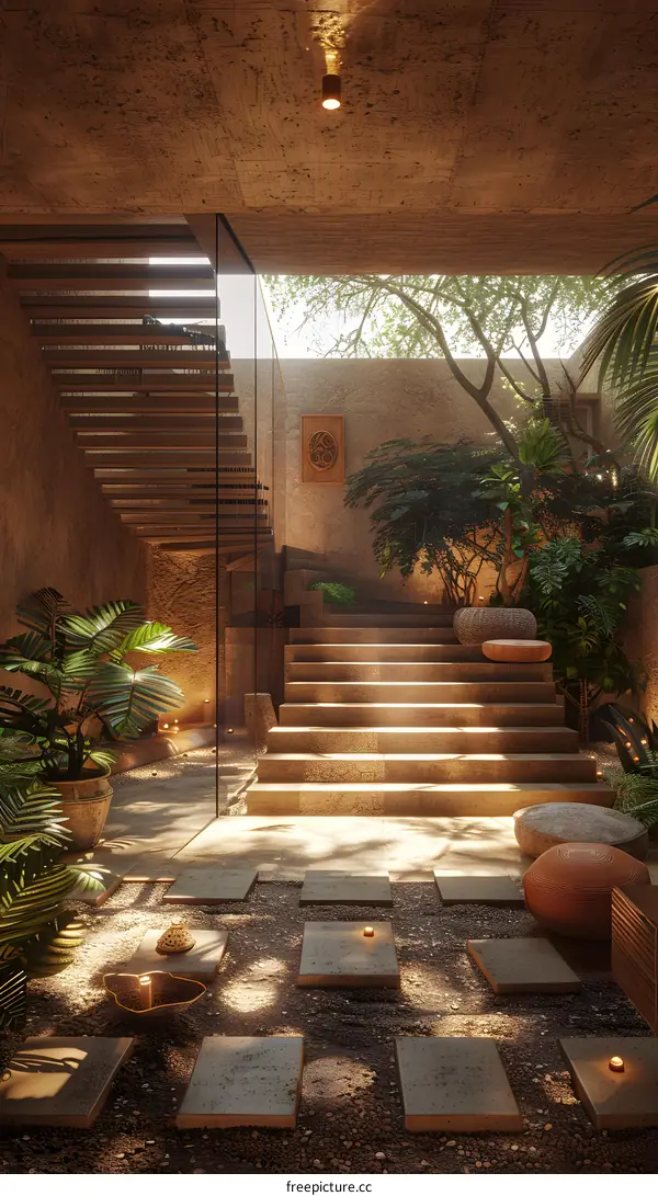 Sunlit Entryway with Stairs and Greenery