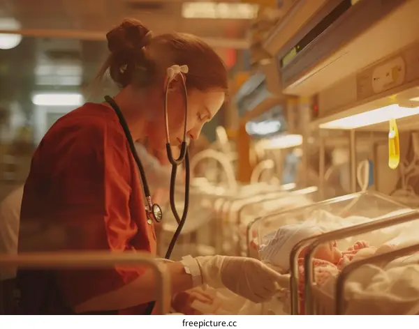 A nurse is checking on a newborn baby in an incubator.