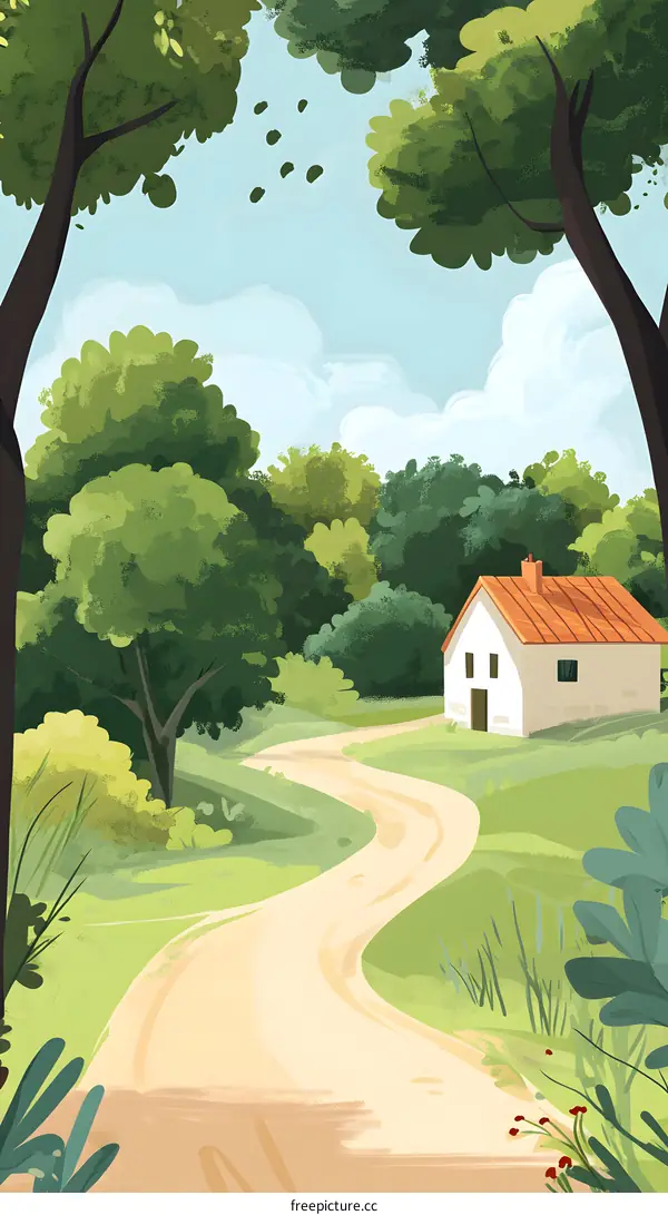 Green Trees and Winding Road Leading to a Small House Illustration