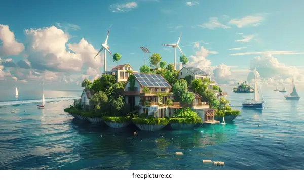 A group of eco-friendly houses on a small island in the middle of the ocean