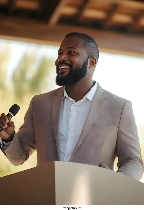 Smiling African American Man Speaking at Podium