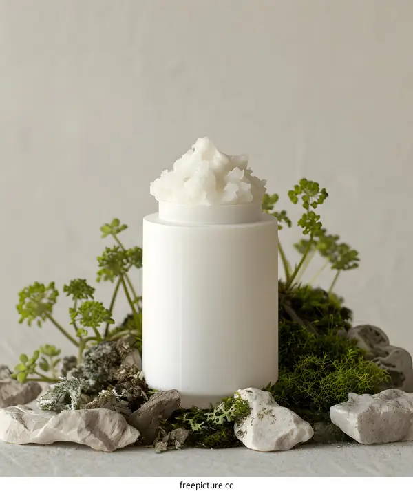 White Cream Jar on Rocks and Moss