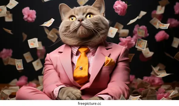 A cat wearing a suit and tie is sitting on a pile of money.