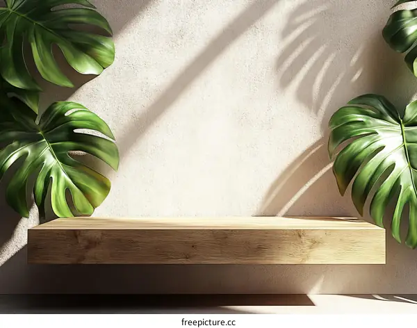 Wooden Shelf with Monstera Leaves and Natural Light
