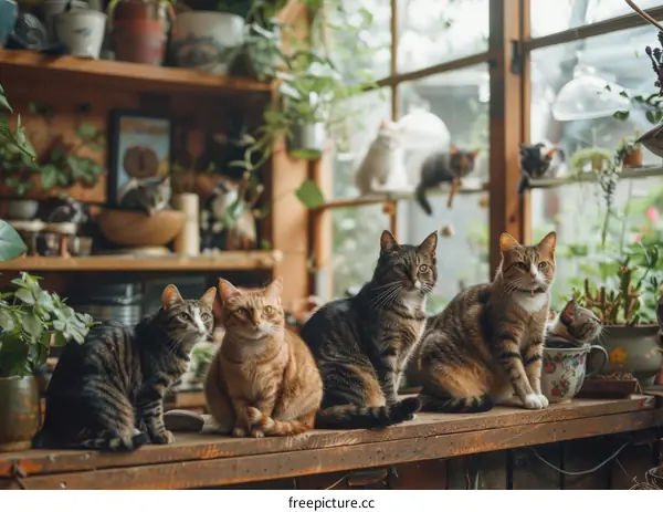 A group of cats sitting on a wooden shelf in a greenhouse