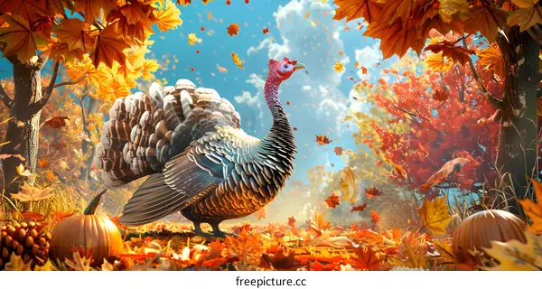 A turkey in the woods in autumn