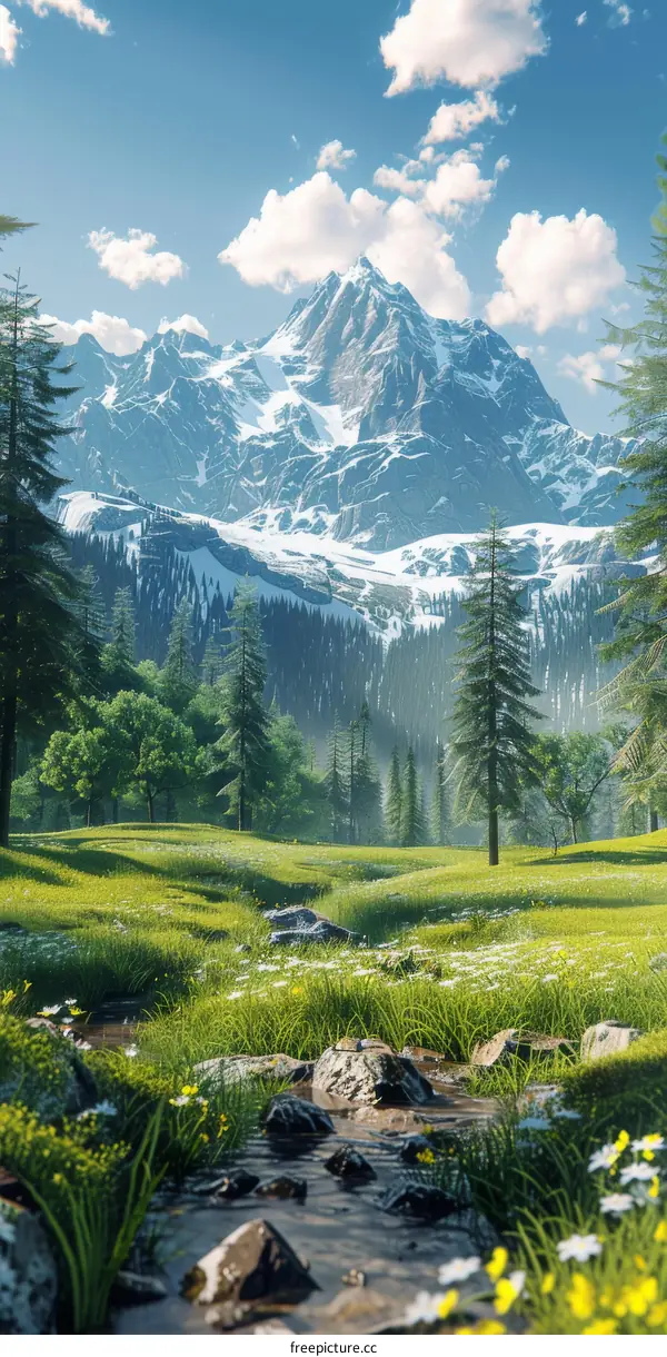 Majestic Mountain Landscape with Verdant Valley and Serene River