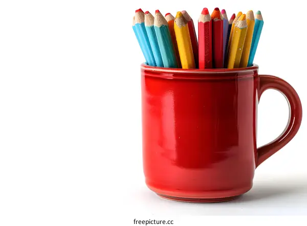 A red mug full of colored pencils