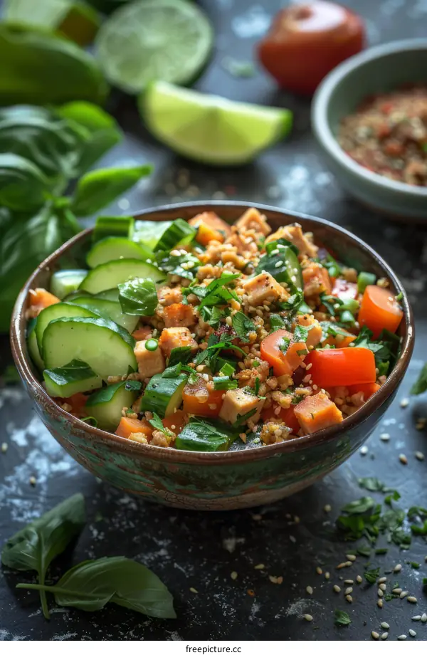 Vegan Buddha Bowl with Tofu, Sweet Potato, and Cucumber
