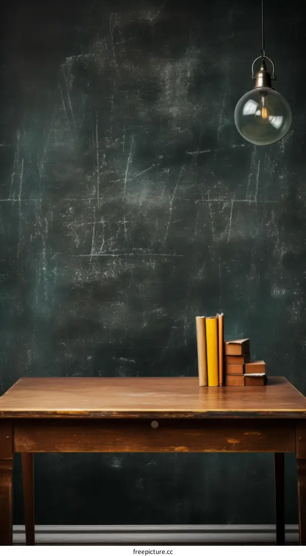 Vintage school background with chalkboard and wooden table