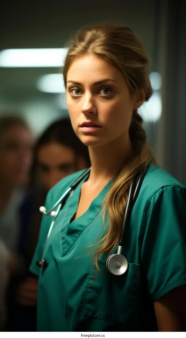 Portrait of a female doctor or nurse wearing green scrubs with a stethoscope around her neck