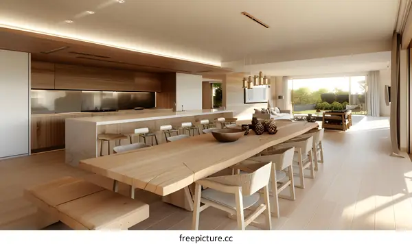Modern Open Concept Kitchen and Dining Room Interior Design with Wooden Floor and Large Windows