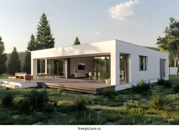 Modern White House with Large Windows and Wooden Deck