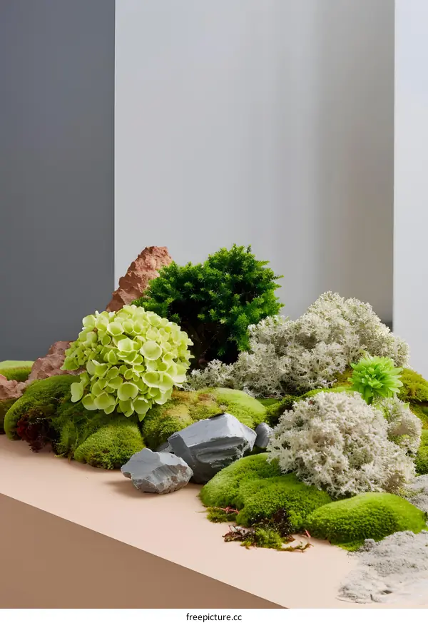 Green Moss and Rocks Landscape in Minimalist Style