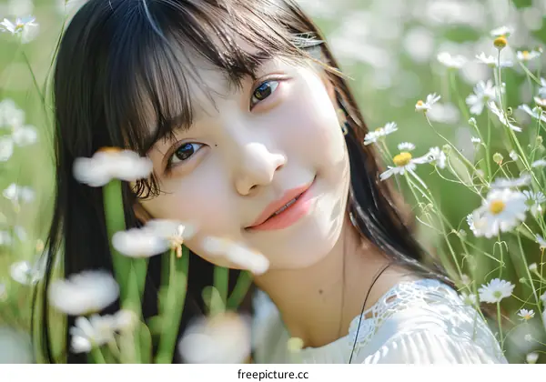 Asian Woman in a Field of White Flowers