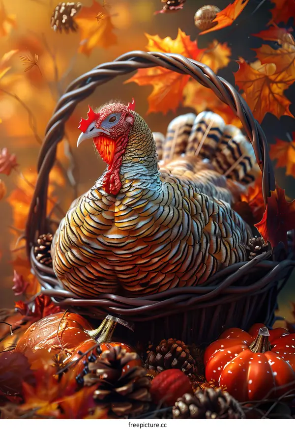 Autumn Thanksgiving Decorative Turkey in Basket