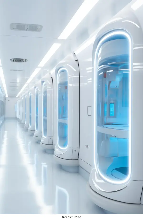 Futuristic hospital with cryogenic stasis chambers