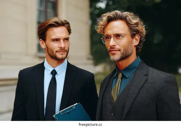 Two well-dressed men standing outdoors with documents