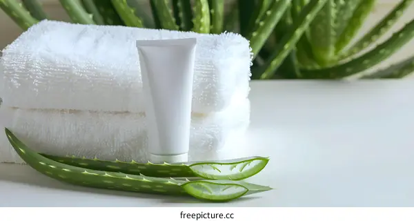 Aloe Vera Cream With Towels And Plant