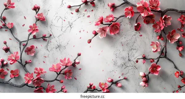 Pink cherry blossom flowers on a white marble background