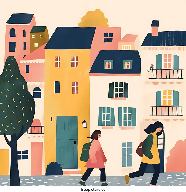 Two People Walking in a Colorful Town