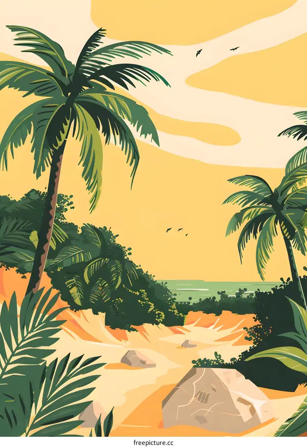 Tropical Beach Illustration with Palm Trees and Ocean