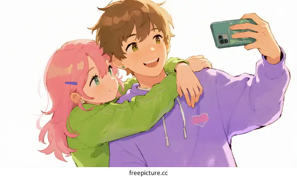 Two Young People Taking Selfie Together in Casual Clothes