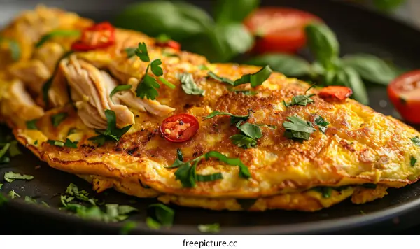 Omelette with chicken, tomatoes and herbs