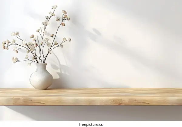 White Vase with Dried Flowers on Wooden Shelf