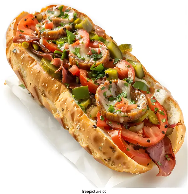 A delicious sub sandwich with ham, salami, and cheese