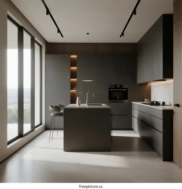 Minimalist Modern Kitchen with Island and Large Windows