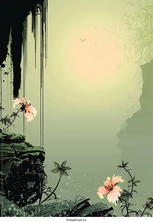 Green and Pink Watercolor Background with Flowers and Bamboo