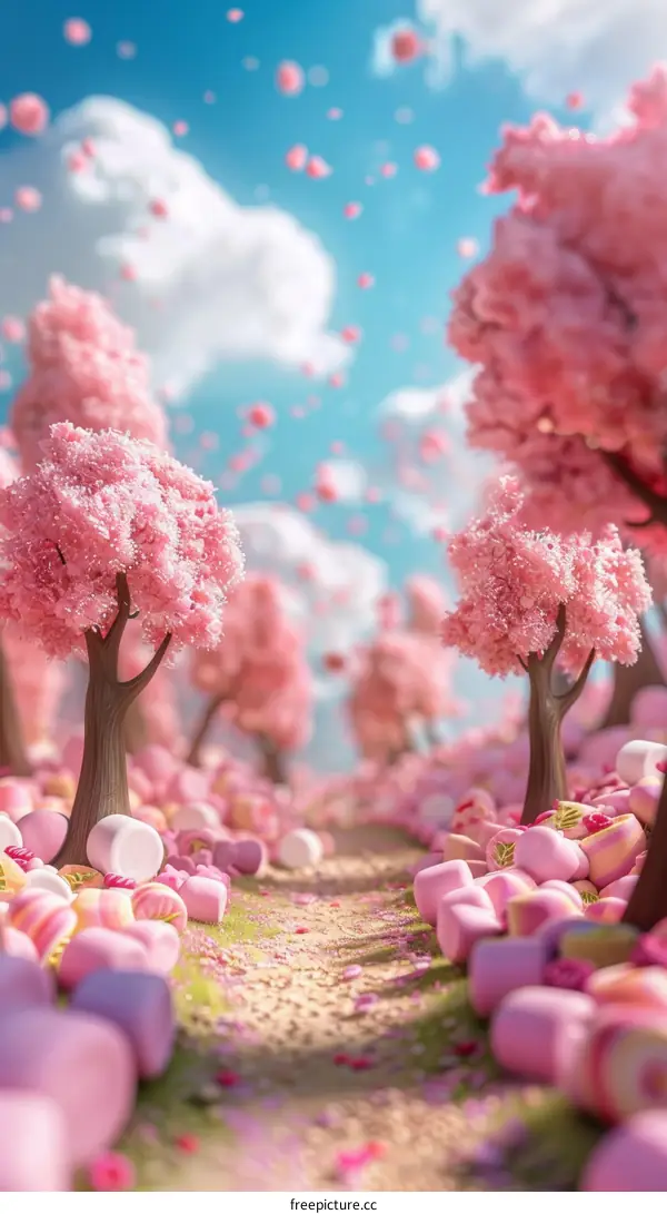Pink trees and flowers with blue sky and white clouds