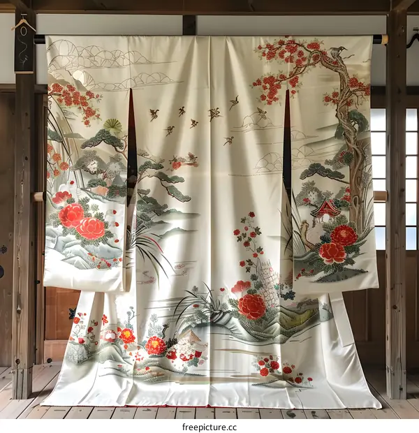 A beautiful Japanese kimono with a pattern of red and white flowers and birds.