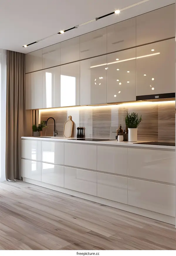 Modern Kitchen Design with White Cabinets and Wood Floor