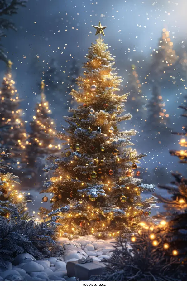 Christmas Tree Adorned in the Winter Snow