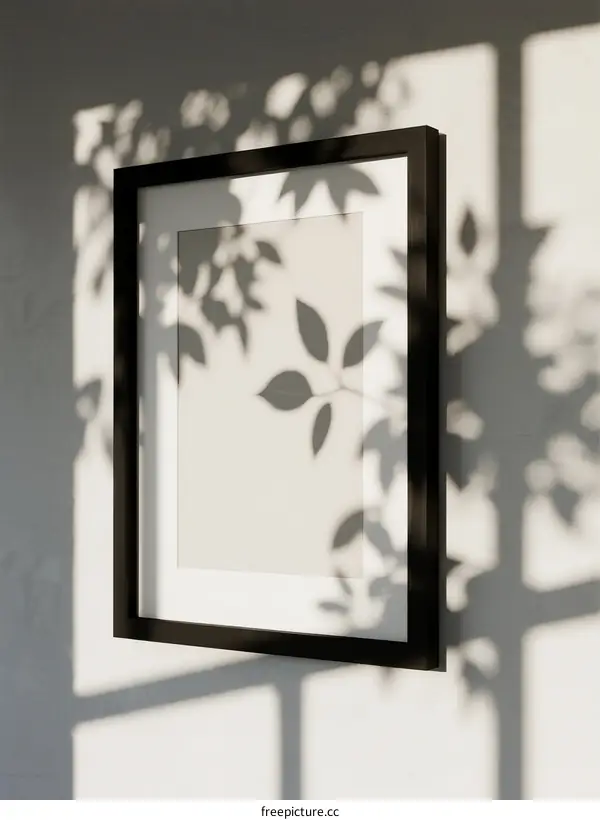 A picture frame with shadow of leaves on white wall