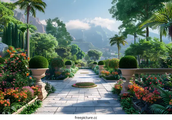 A lush garden with a long stone path
